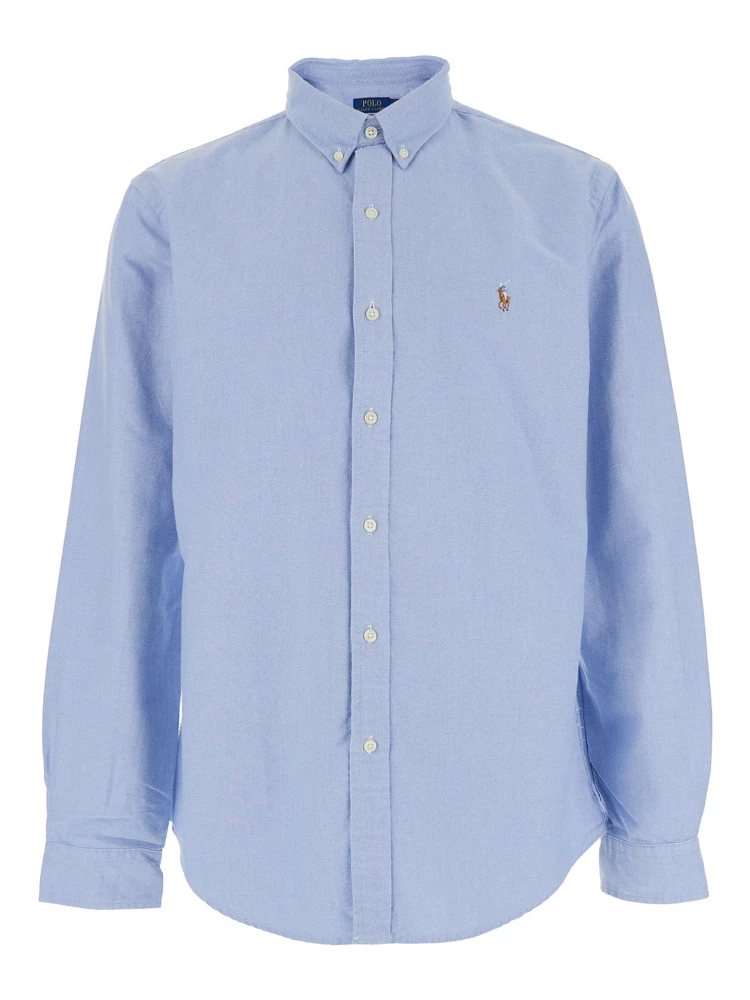 Slim Fit Oxford Light Blue Shirt with Button-Down Collar and Front Embroidery in Cotton Man