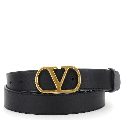 Black Belt with VLogo Buckle in Grained Leather Woman