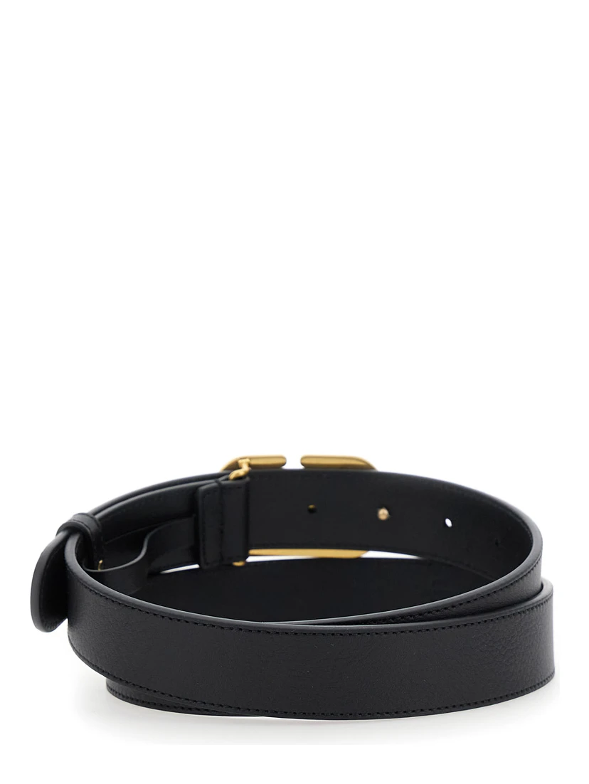 Black Belt with VLogo Buckle in Grained Leather Woman