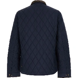 The Beaton Blue Jacket with Corduroy Collar and Logo Patch on the Sleeve in Tech Fabric Man
