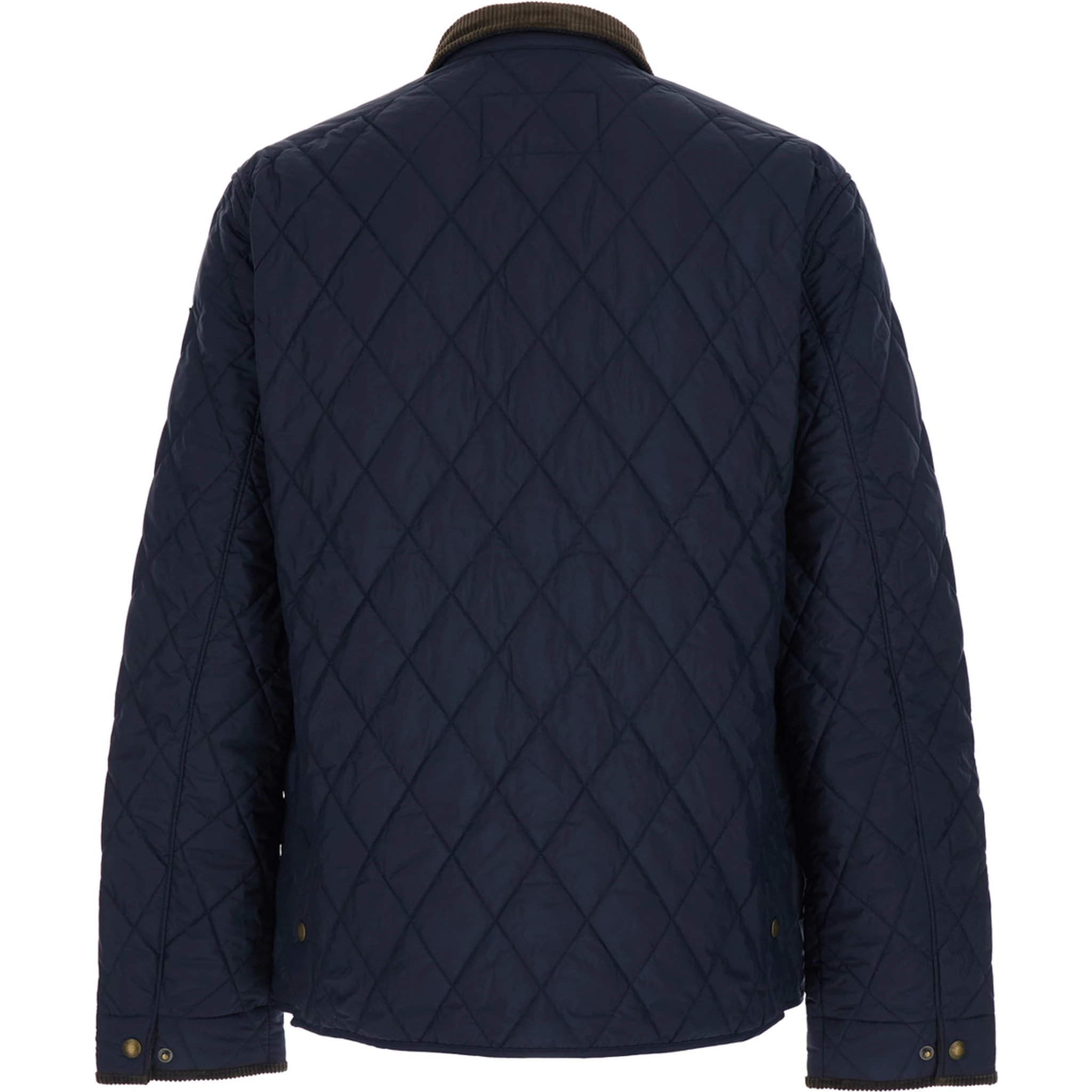 The Beaton Blue Jacket with Corduroy Collar and Logo Patch on the Sleeve in Tech Fabric Man
