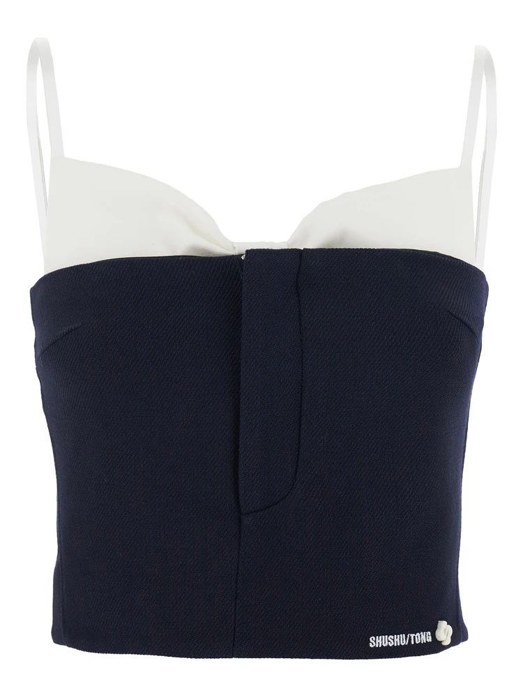 Black Sleeveless Top with Bow on the Rear and Logo Embroidery on the Front in Wool Woman