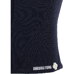 Black Sleeveless Top with Bow on the Rear and Logo Embroidery on the Front in Wool Woman