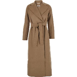 Poldo Brown Belted Coat with Wide Notched Revers in Wool Woman