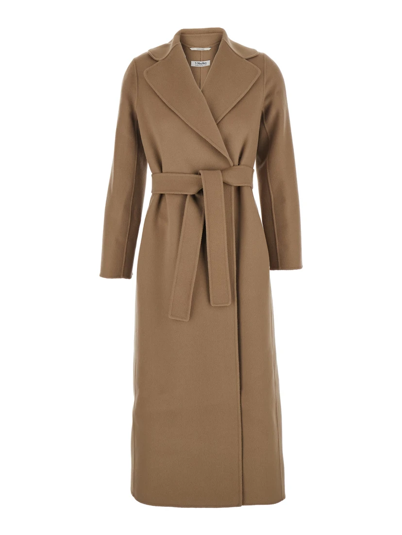 Poldo Brown Belted Coat with Wide Notched Revers in Wool Woman