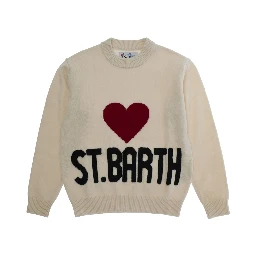 White Crewneck Sweater with Heart Embroidery on the Front and Logo Lettering on the Front in Wool Girl