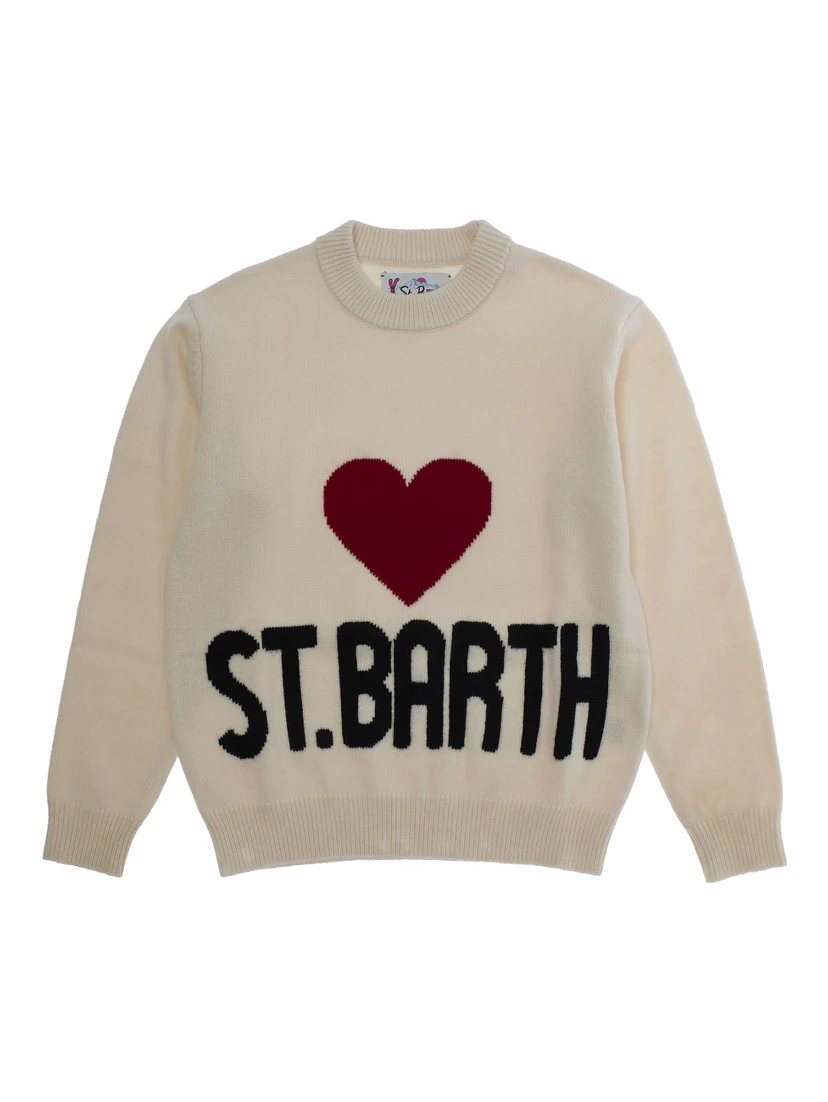 White Crewneck Sweater with Heart Embroidery on the Front and Logo Lettering on the Front in Wool Girl