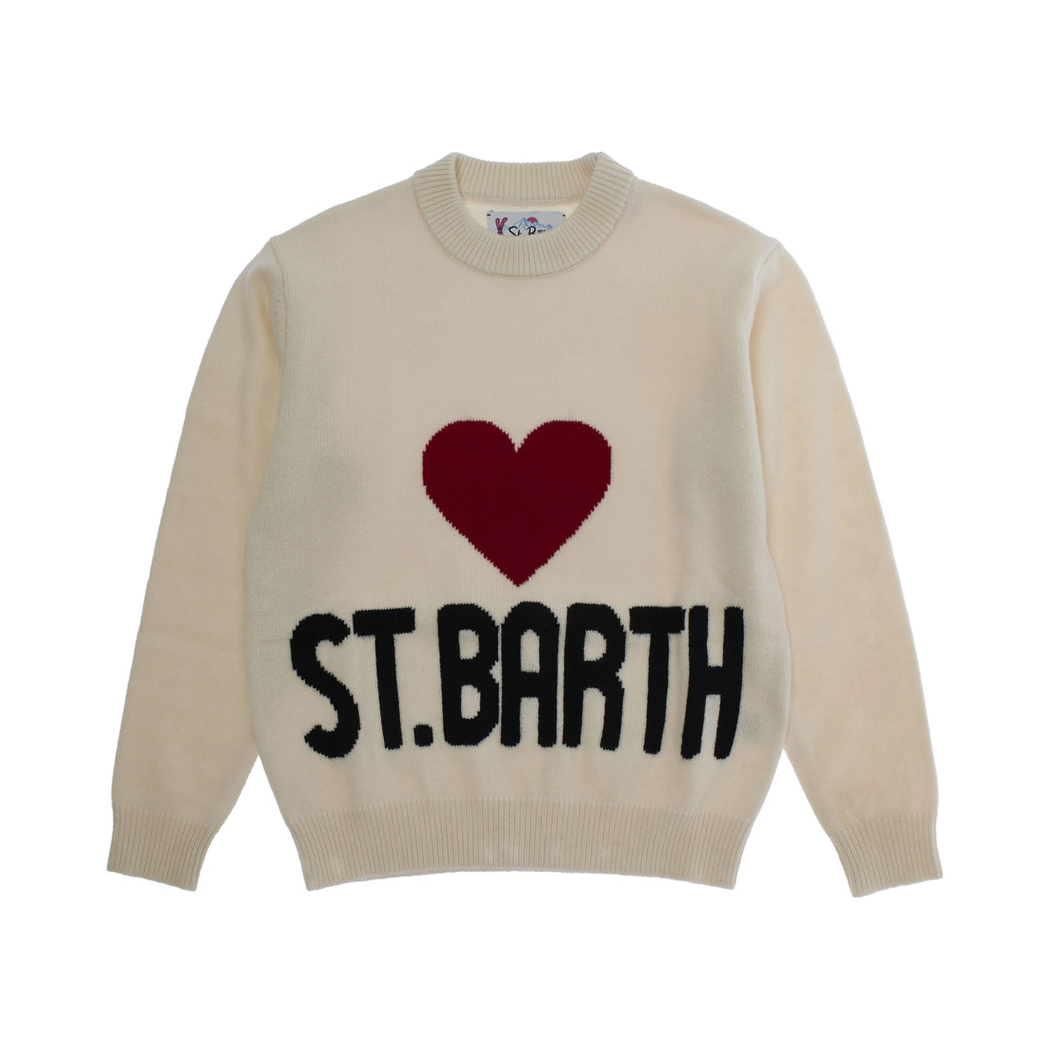 White Crewneck Sweater with Heart Embroidery on the Front and Logo Lettering on the Front in Wool Girl