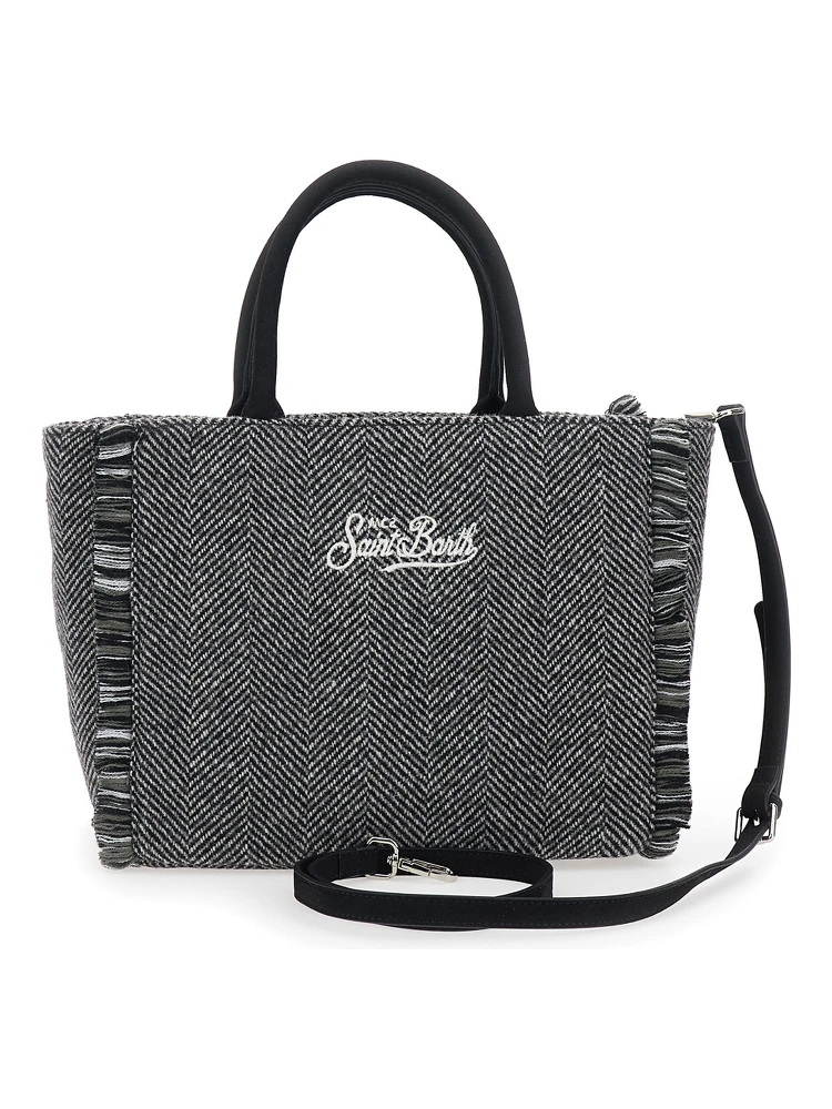 Colette Grey Handbag with Fringed Details and Logo Lettering Embroidery on the Front in Wool Girl alternative
