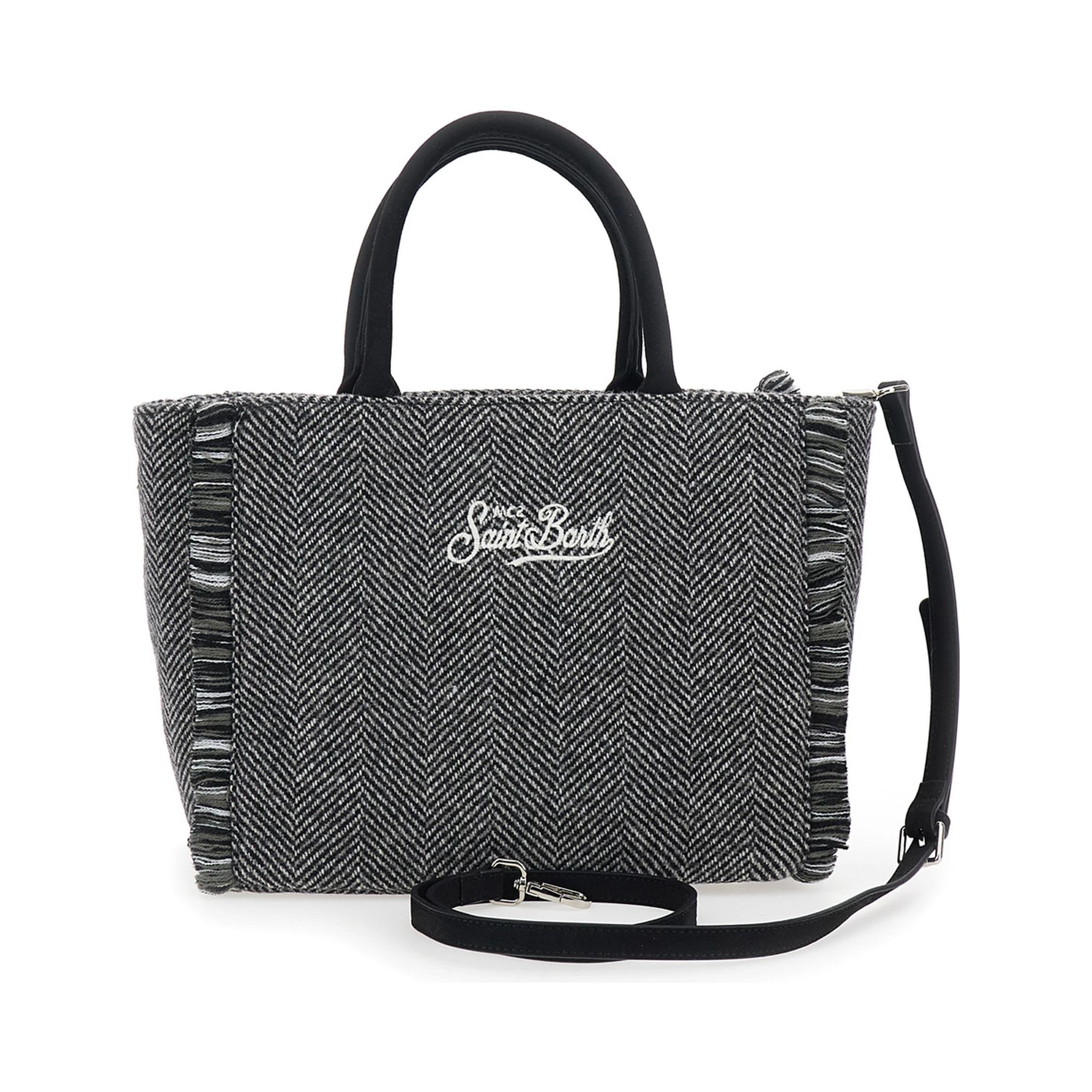 Colette Grey Handbag with Fringed Details and Logo Lettering Embroidery on the Front in Wool Girl