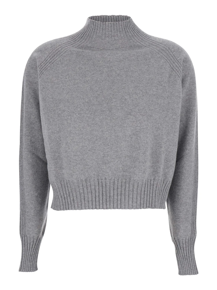 Grey Turtleneck Sweater with Crop Design in Cashmere Woman