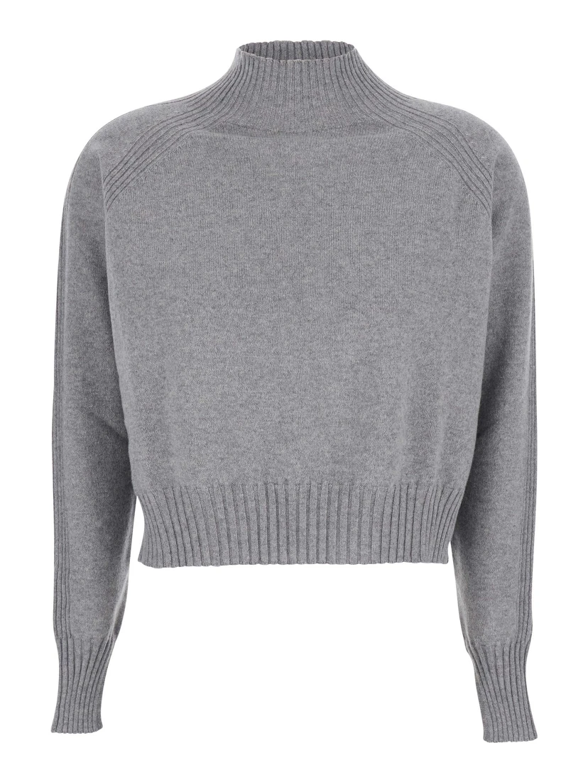 Grey Turtleneck Sweater with Crop Design in Cashmere Woman