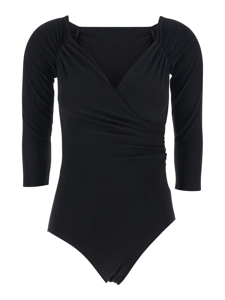 Black Bodysuit with Sweetheart Neckline in Tech Fabric Stretch Woman