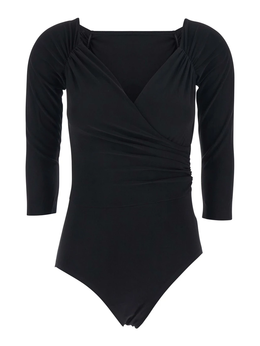 Black Bodysuit with Sweetheart Neckline in Tech Fabric Stretch Woman