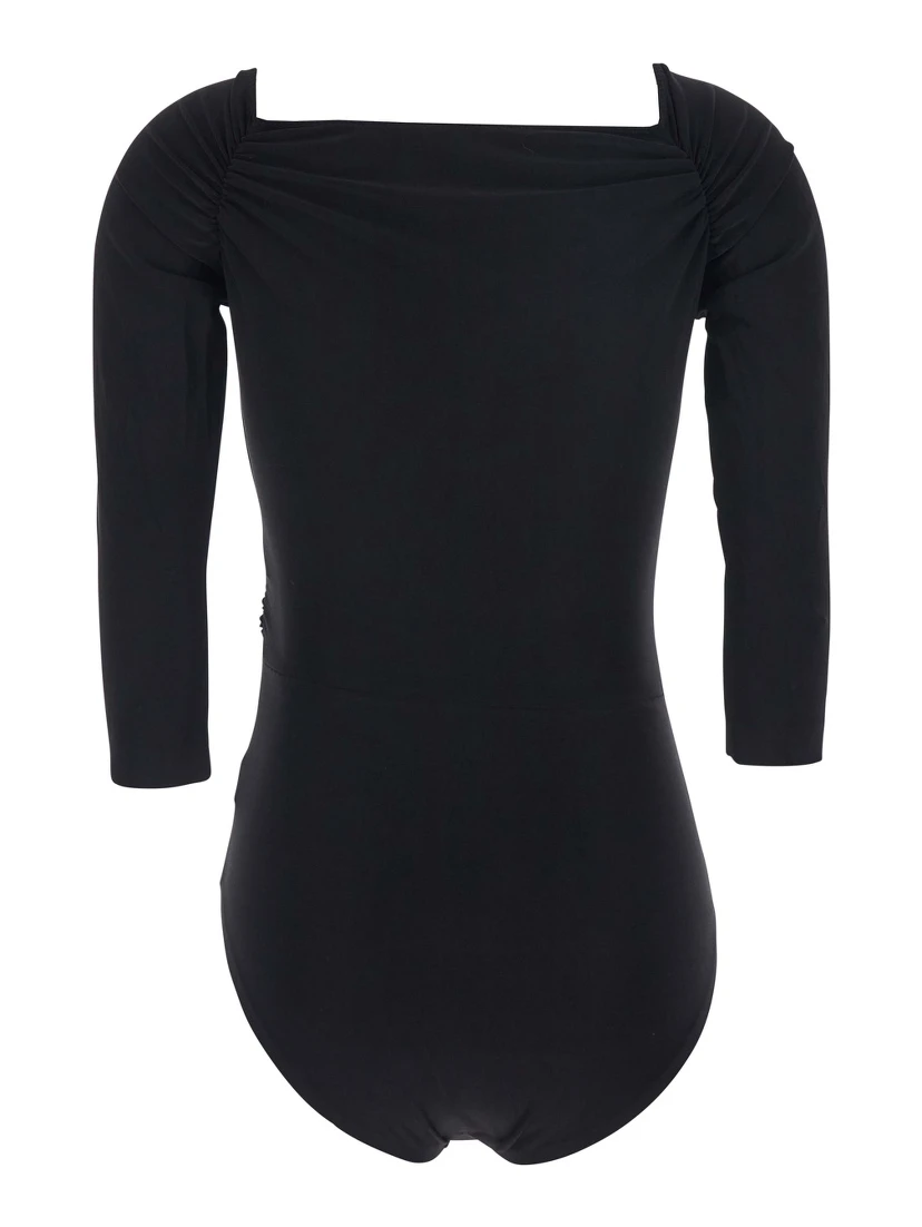 Black Bodysuit with Sweetheart Neckline in Tech Fabric Stretch Woman