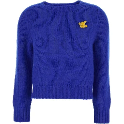 Blue Crew Neck Sweater with Crochet Triomphe Logo on the Front in Cashmere and Silk Blend Woman