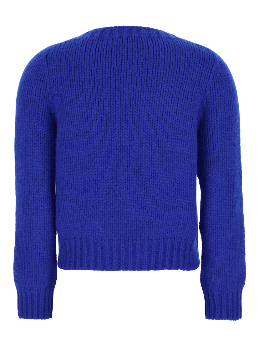 Blue Crew Neck Sweater with Crochet Triomphe Logo on the Front in Cashmere and Silk Blend Woman