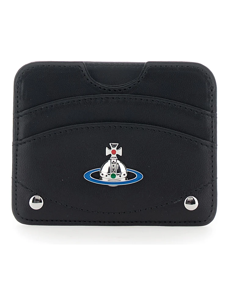 Black Card Holder with Orb Detail on the Front and Stud Embellishments on the Front in Leather Woman