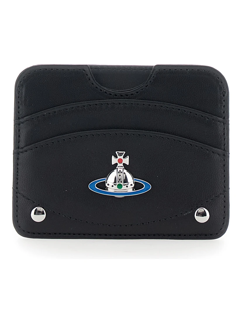 Black Card Holder with Orb Detail on the Front and Stud Embellishments on the Front in Leather Woman