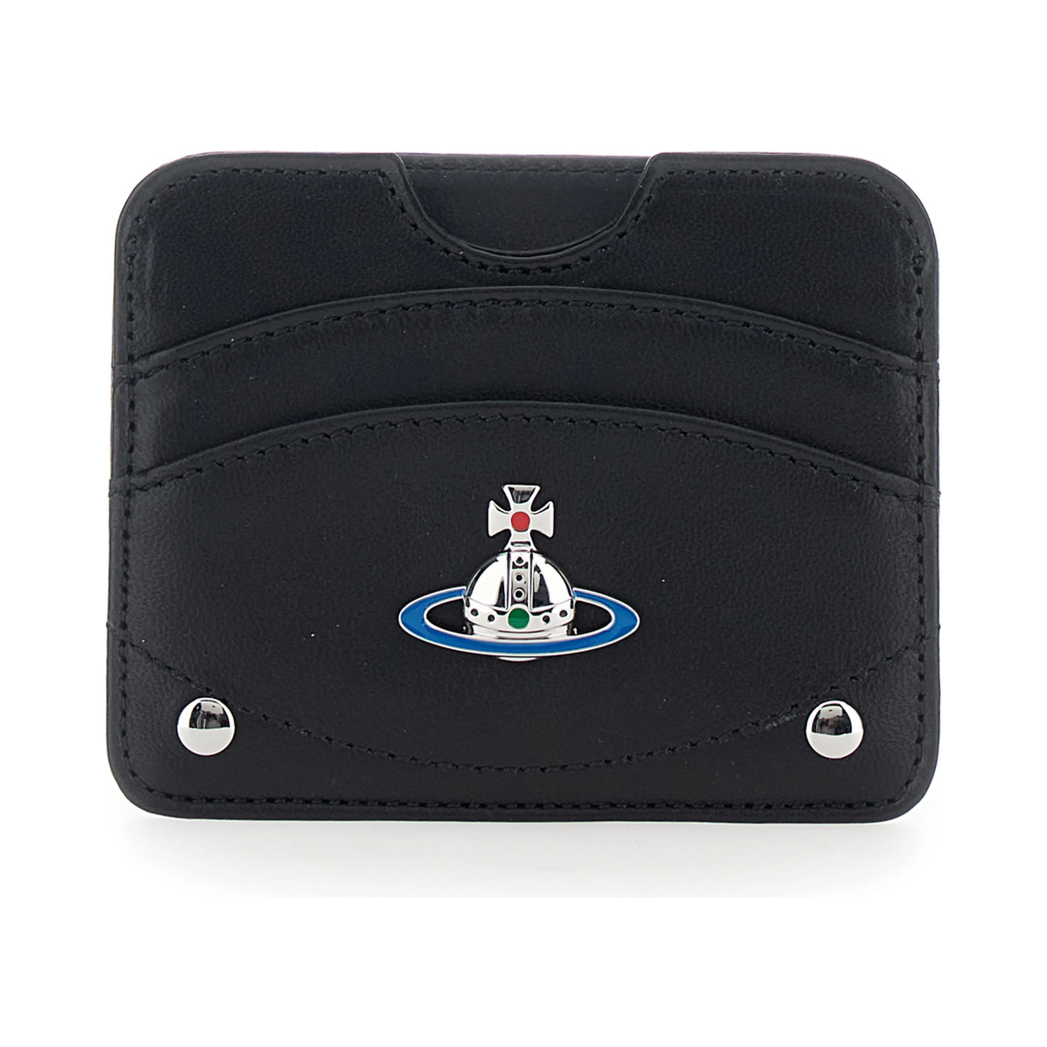 Black Card Holder with Orb Detail on the Front and Stud Embellishments on the Front in Leather Woman