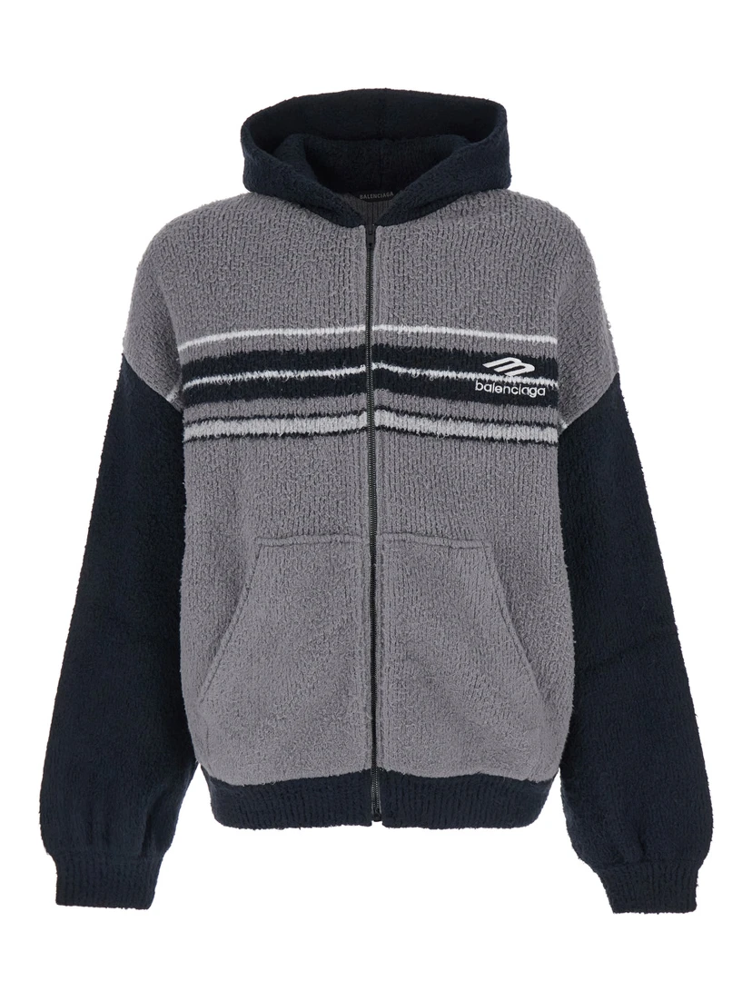 Grey Sweatshirt with Fixed Hood and Logo Lettering on the Front in Mixed Fabric Man