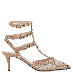 Pink Pumps with Rockstud Studs and Adjustable Buckles in Leather Woman