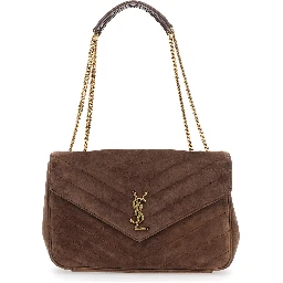 Loulou Brown Crossbody Bag with Sliding Shoulder Strap and Cassandre Plaque on the Front in Suede Woman
