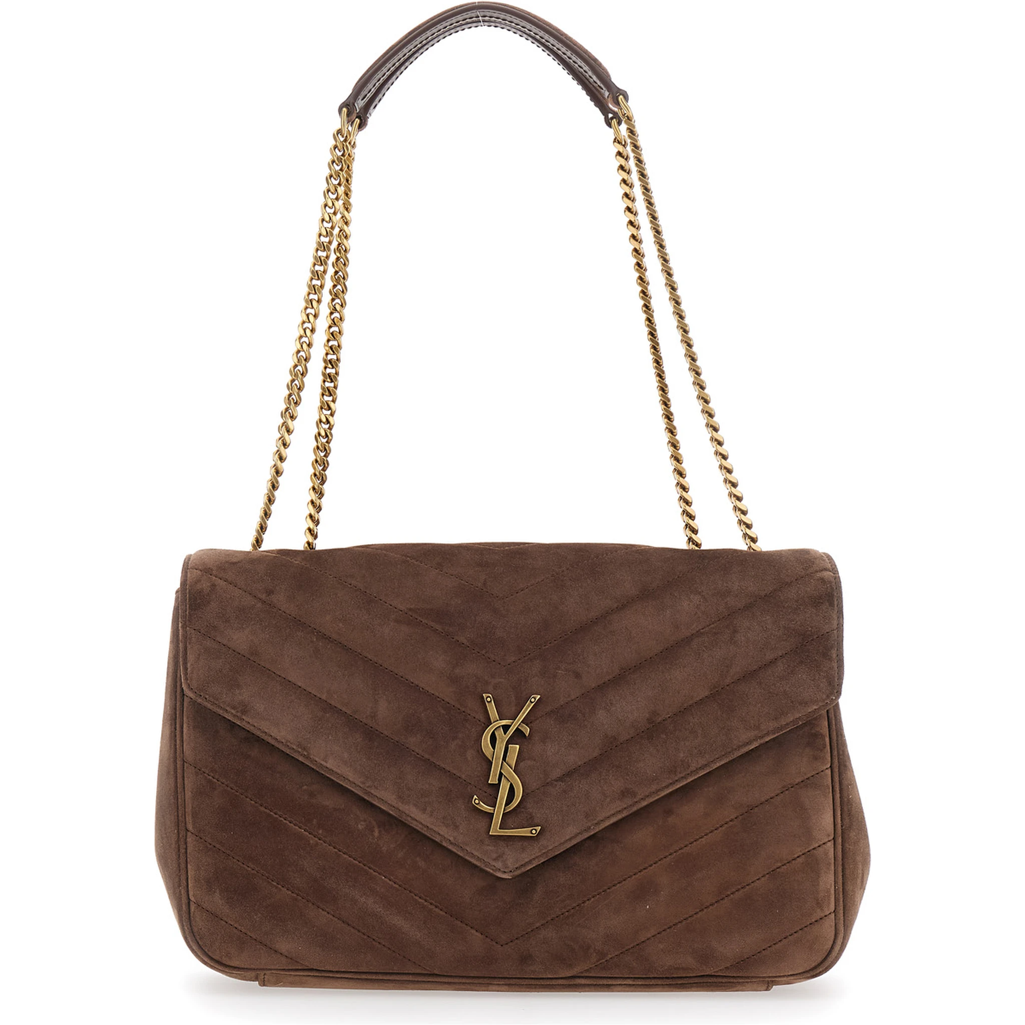 Loulou Brown Crossbody Bag with Sliding Shoulder Strap and Cassandre Plaque on the Front in Suede Woman