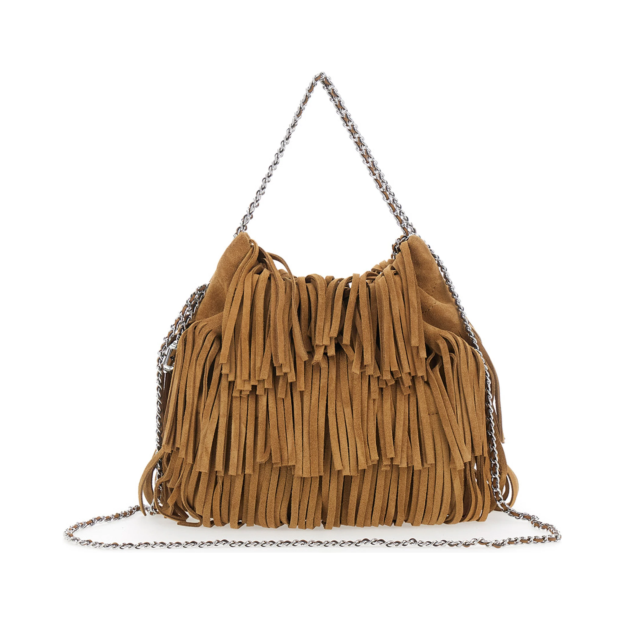 Fleming Small Brown Shoulder Bag with Chain Strap and Fringe Design in Suede Woman