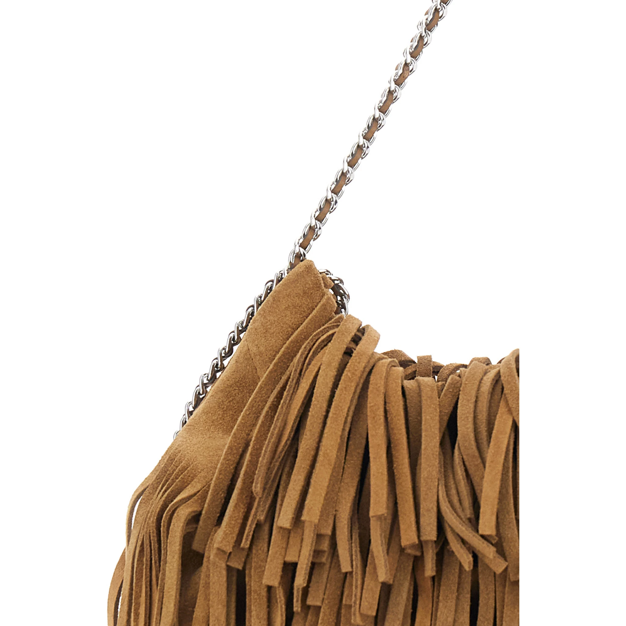 Fleming Small Brown Shoulder Bag with Chain Strap and Fringe Design in Suede Woman