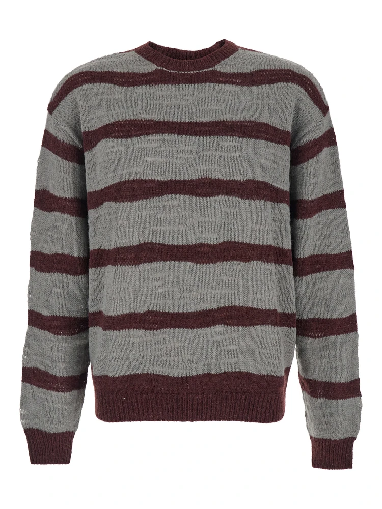 Grey Crew Neck Sweater with All-Over Striped Motif in Wool Blend Man