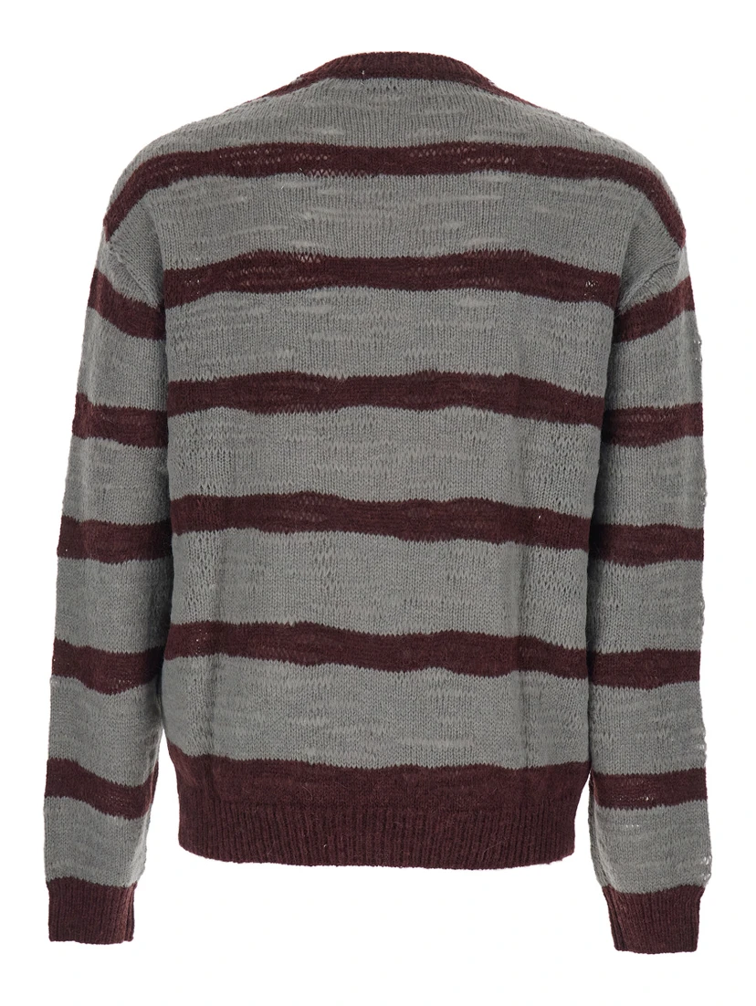 Grey Crew Neck Sweater with All-Over Striped Motif in Wool Blend Man