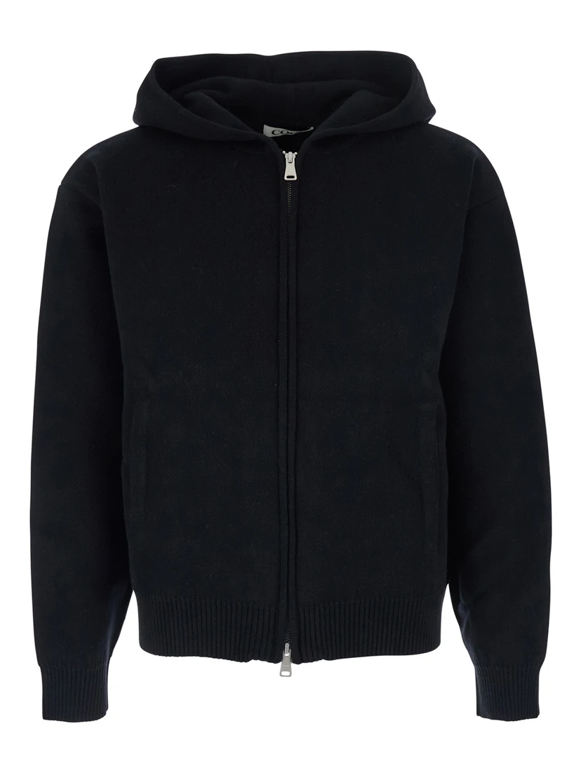 Black Sweatshirt with Hood and Front Zip Closure in Wool and Cashmere Man