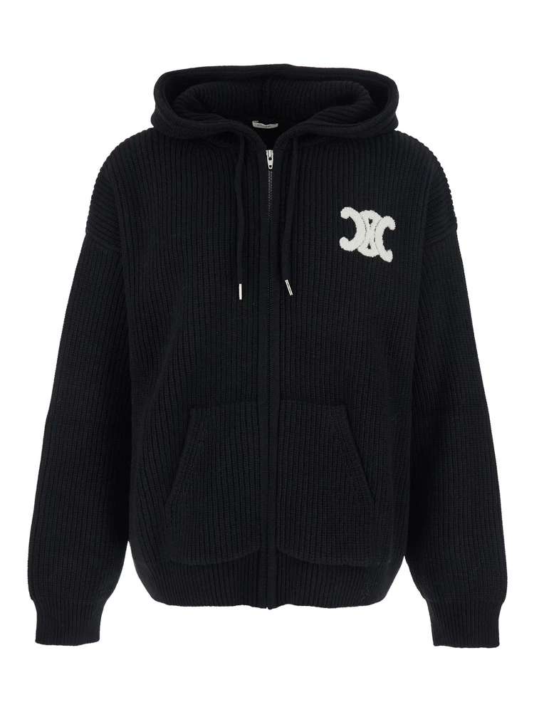Black Sweatshirt with Maxi Triomphe Logo on the Front and Ribbed Design in Wool Man