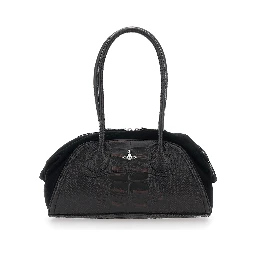 Shirley Small Brown Shoulder Bag with Two Top Handles and Orb Plate on the Front in Crocodile-Effect Leather Woman