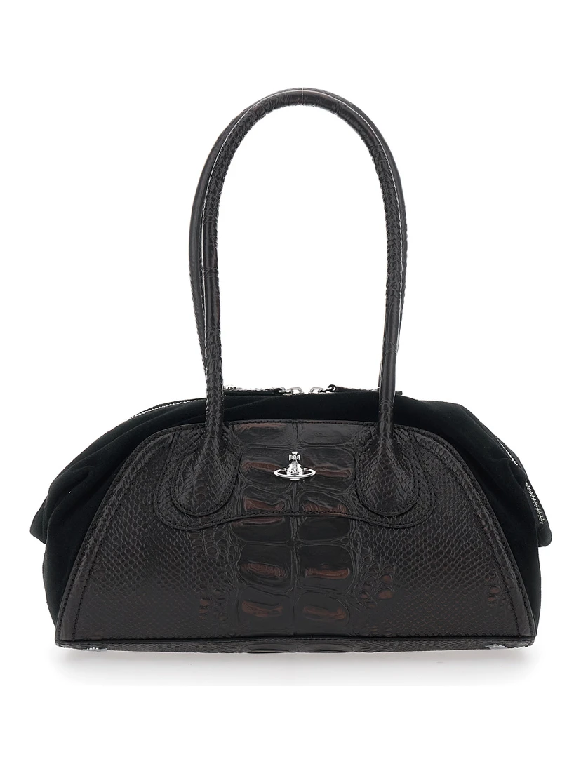Shirley Small Brown Shoulder Bag with Two Top Handles and Orb Plate on the Front in Crocodile-Effect Leather Woman