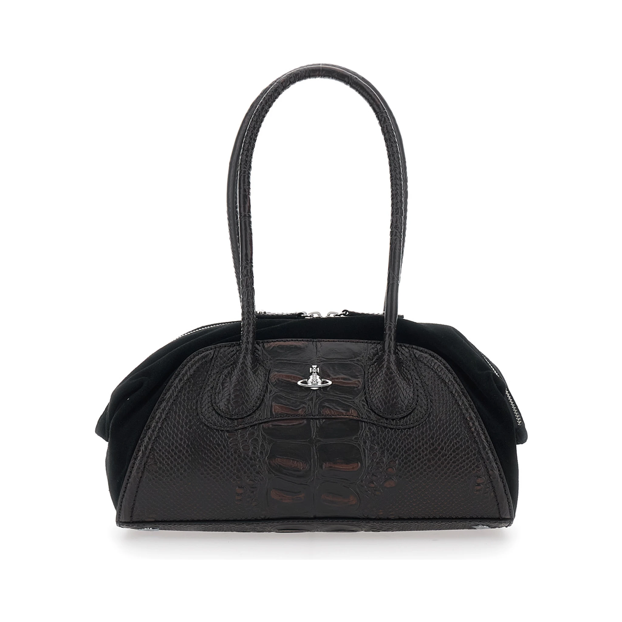 Shirley Small Brown Shoulder Bag with Two Top Handles and Orb Plate on the Front in Crocodile-Effect Leather Woman