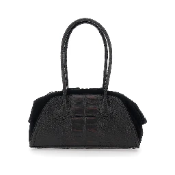 Shirley Small Brown Shoulder Bag with Two Top Handles and Orb Plate on the Front in Crocodile-Effect Leather Woman