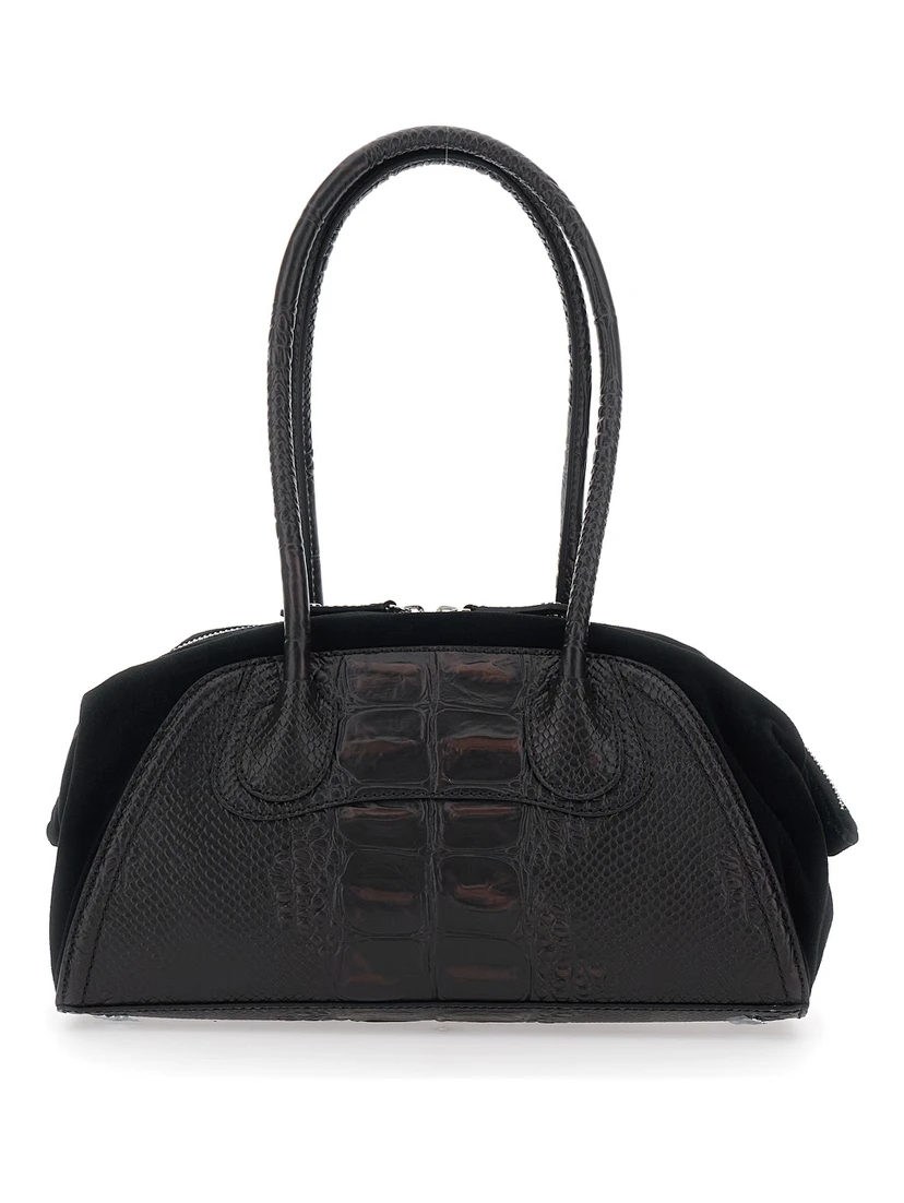 Shirley Small Brown Shoulder Bag with Two Top Handles and Orb Plate on the Front in Crocodile-Effect Leather Woman