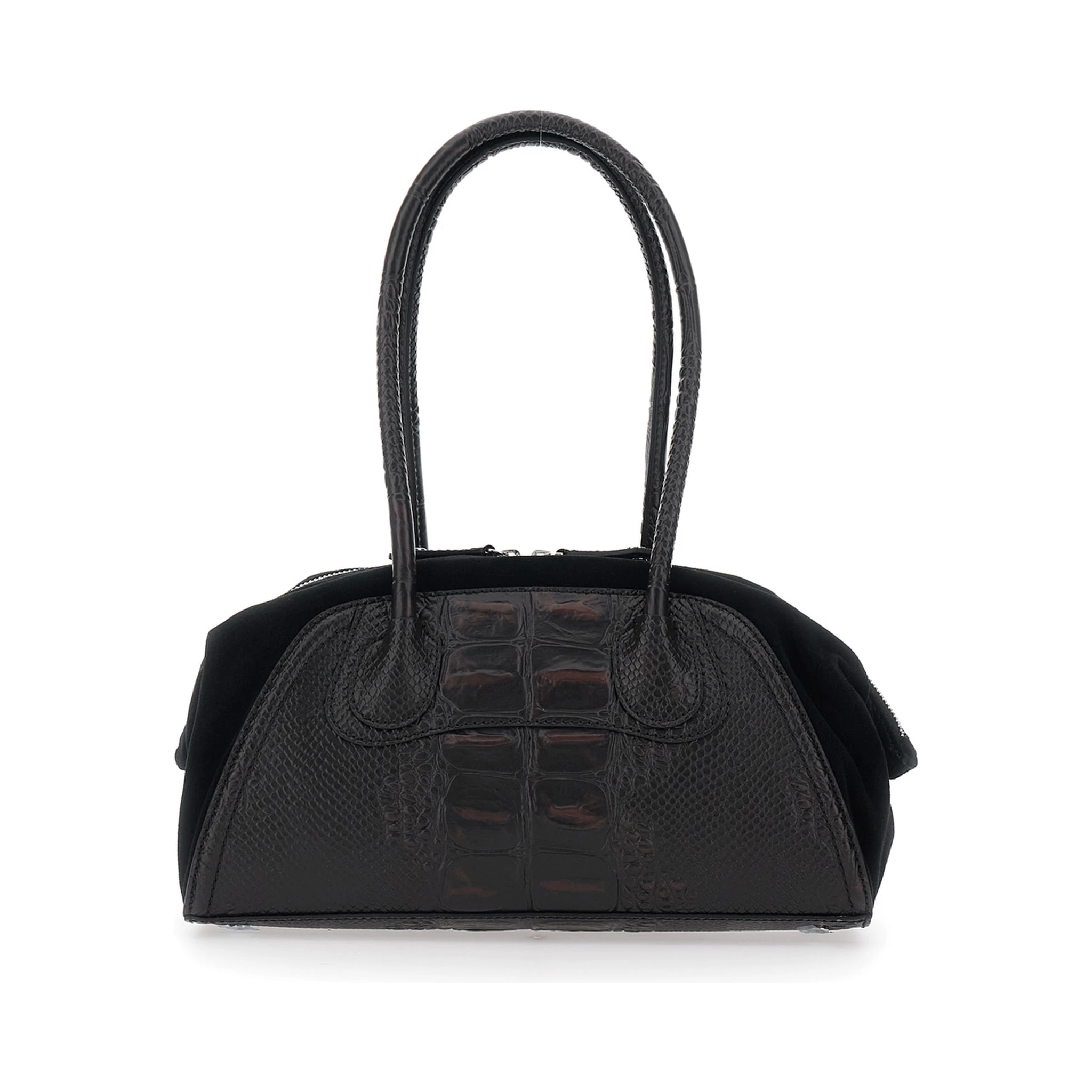 Shirley Small Brown Shoulder Bag with Two Top Handles and Orb Plate on the Front in Crocodile-Effect Leather Woman