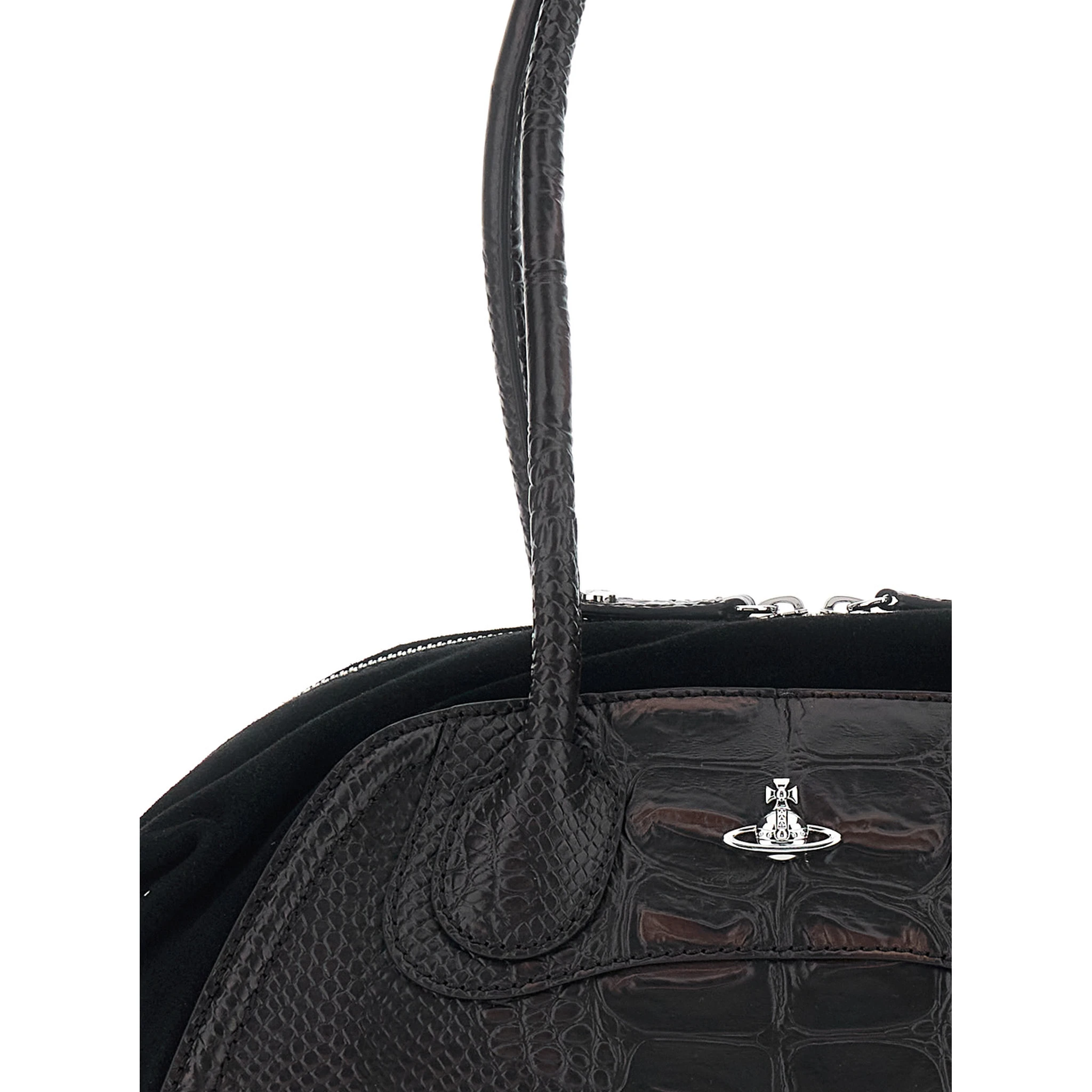 Shirley Small Brown Shoulder Bag with Two Top Handles and Orb Plate on the Front in Crocodile-Effect Leather Woman