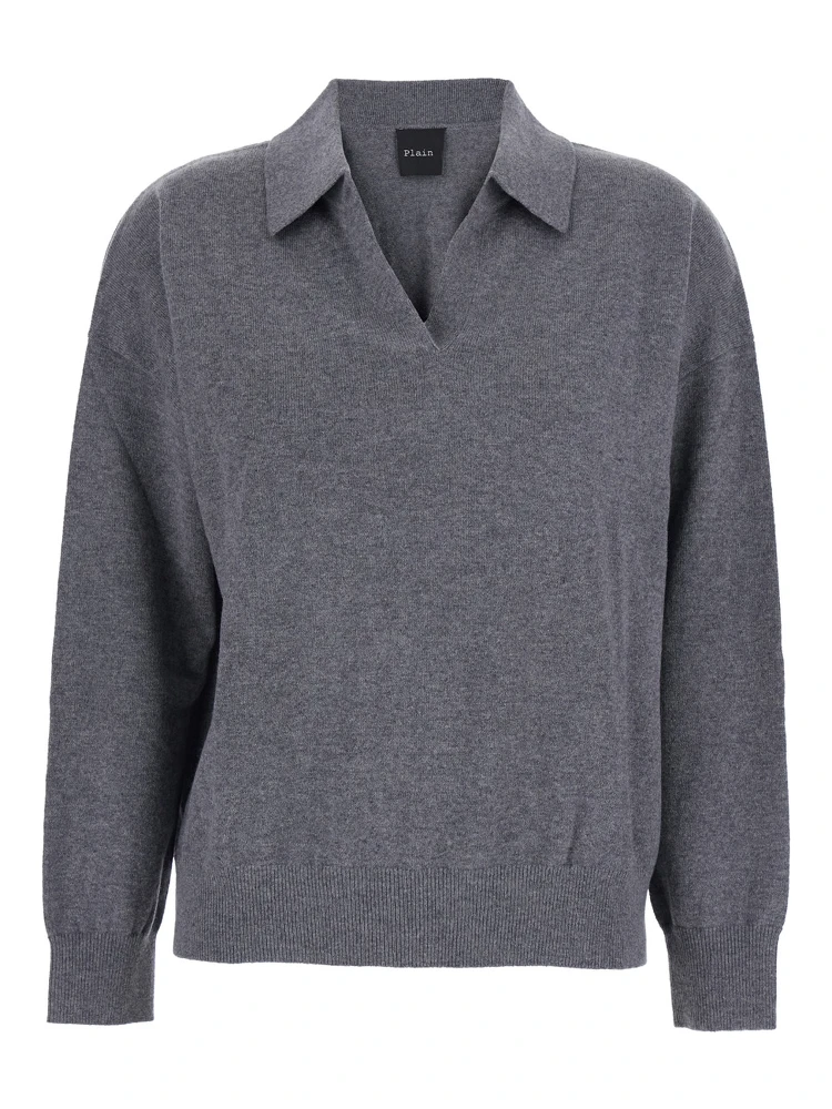 Grey Sweater with Polo-Style Collar and V-Neck in Cashmere Woman