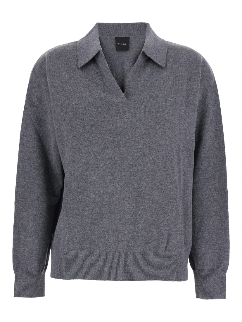 Grey Sweater with Polo-Style Collar and V-Neck in Cashmere Woman