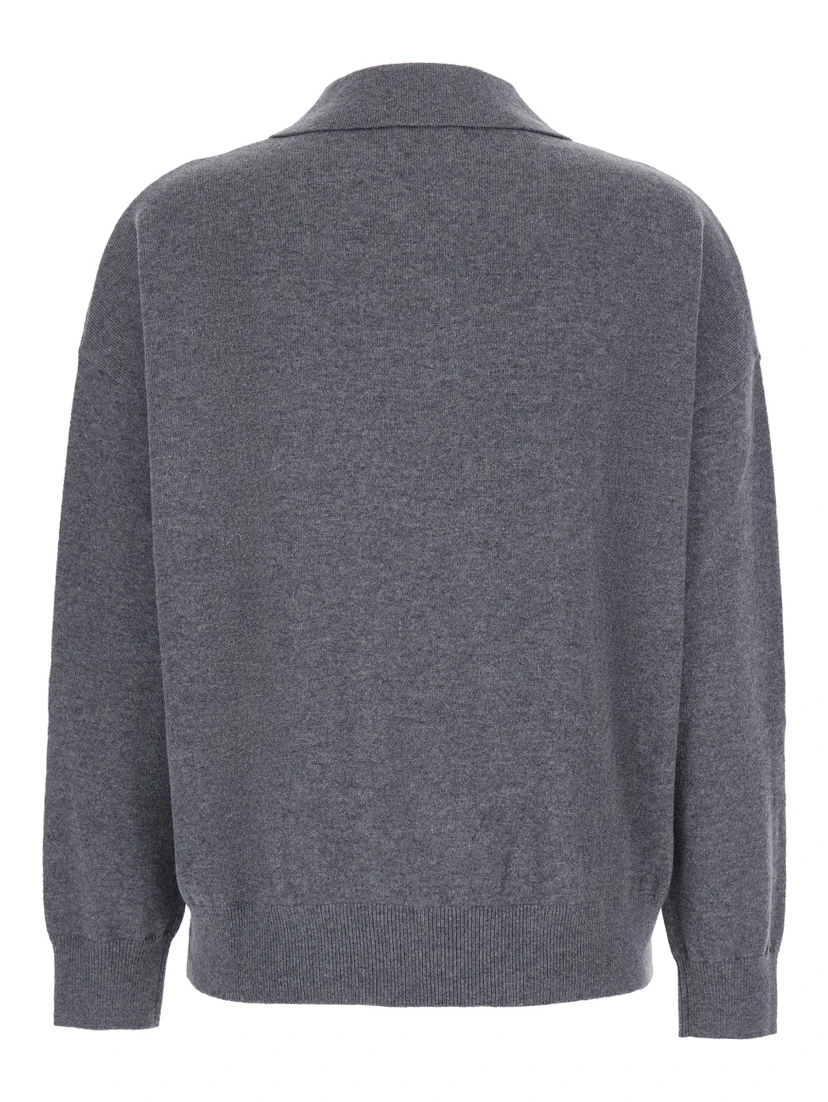 Grey Sweater with Polo-Style Collar and V-Neck in Cashmere Woman