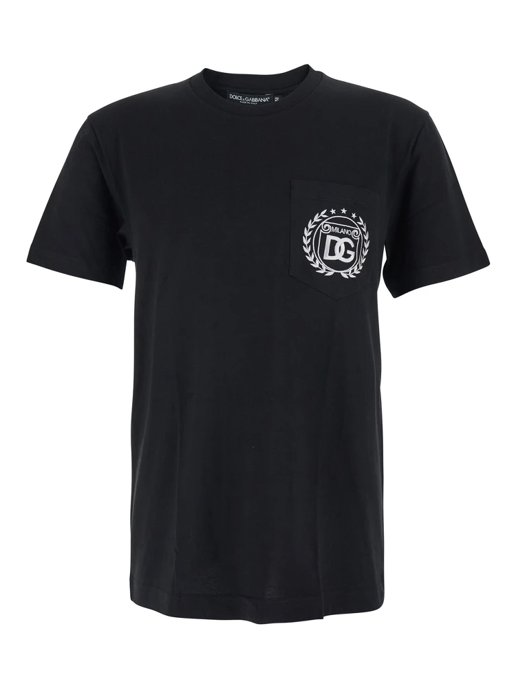 Black Crewneck T-Shirt with Logo Embroidery on the Front in Cotton Man