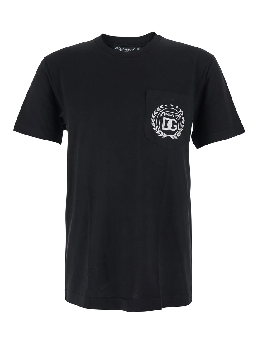 Black Crewneck T-Shirt with Logo Embroidery on the Front in Cotton Man