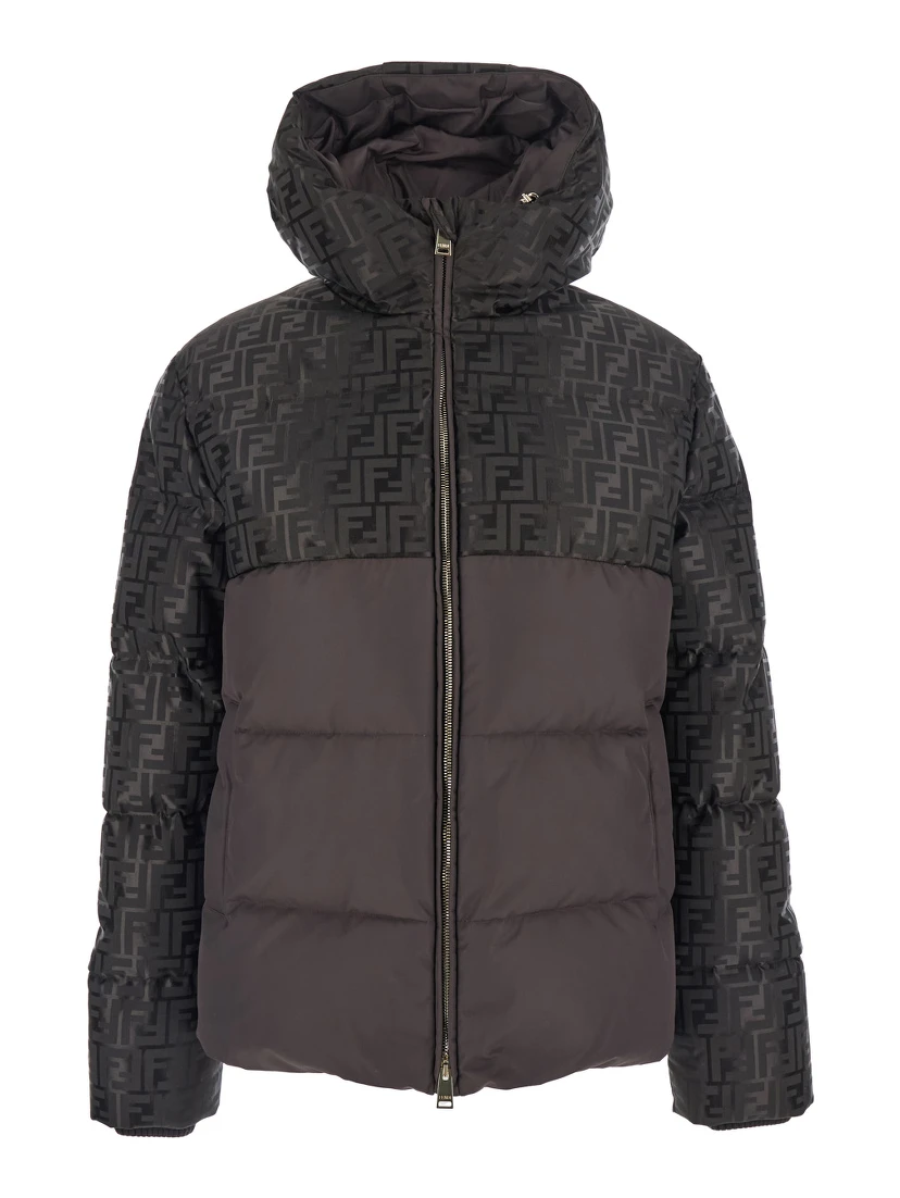 Brown Down Jacket with Drawstring Hood and FF Motif in Tech Fabric Woman
