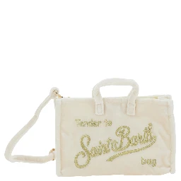 White Handbag with Adjustable and Removable Shoulder Strap and Logo Lettering on the Front in Fabric Girl