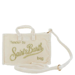 White Handbag with Adjustable and Removable Shoulder Strap and Logo Lettering on the Front in Fabric Girl