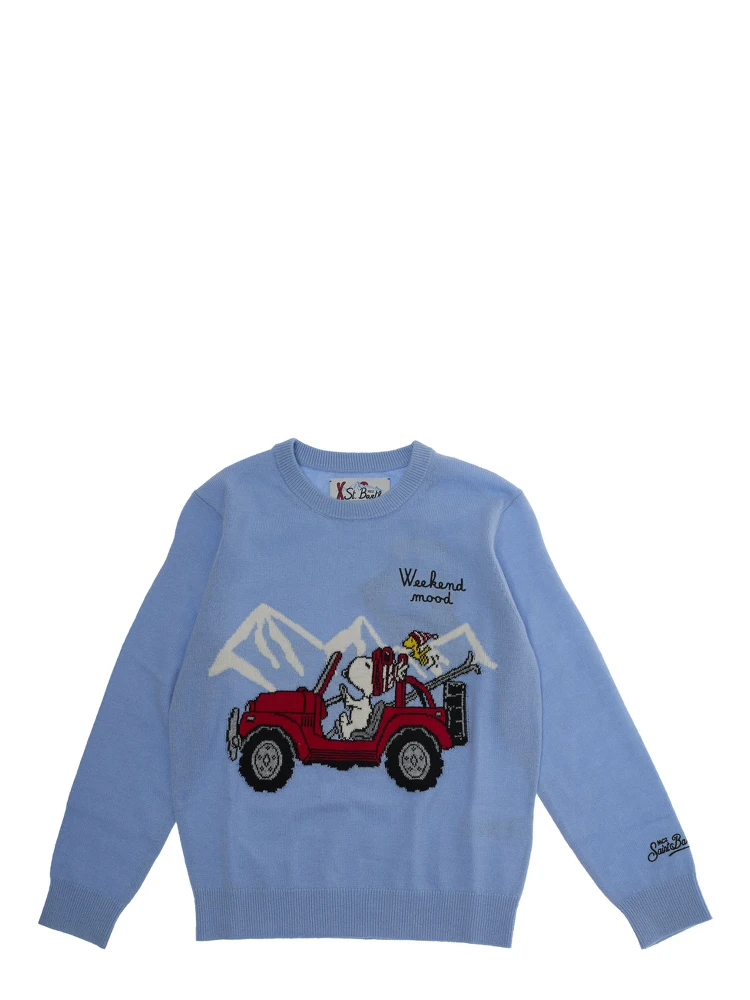 Light Blue Crewneck Sweater with Maxi Embroidery on the Front and Logo Lettering on the Sleeve in Wool Blend Boy
